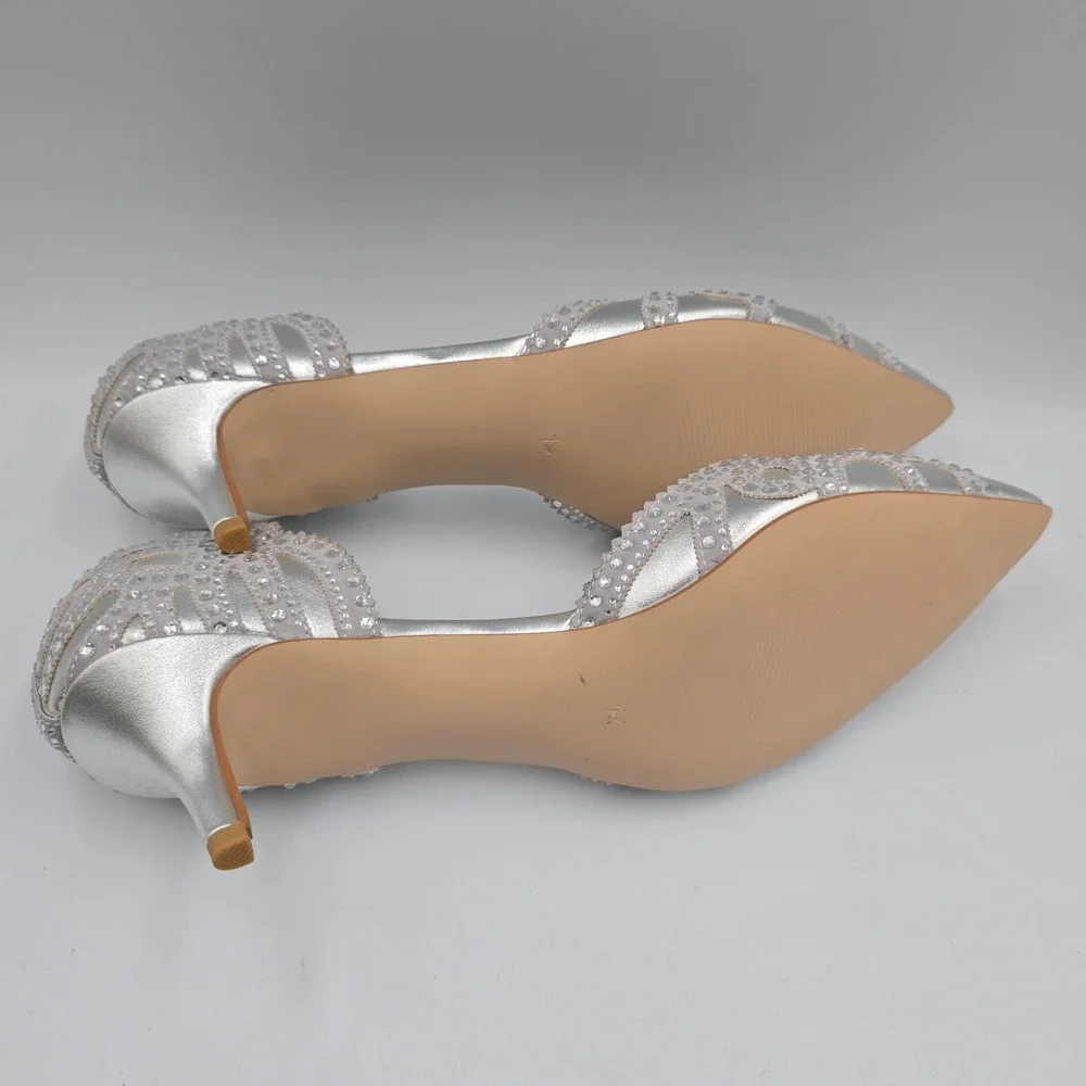 XYD Heels Women 14 D'Orsay Kitten Silver Rhinestone Laser Cut Scalloped Big Girl